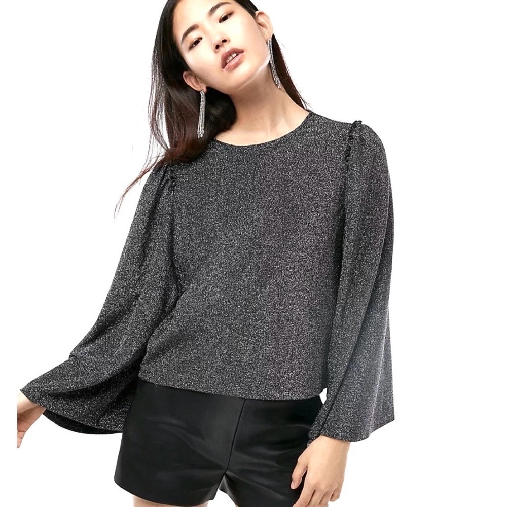 Express Pullover Top Metallic Silver Sparkle Wide Kimono Sleeve Dressy Shirt XS